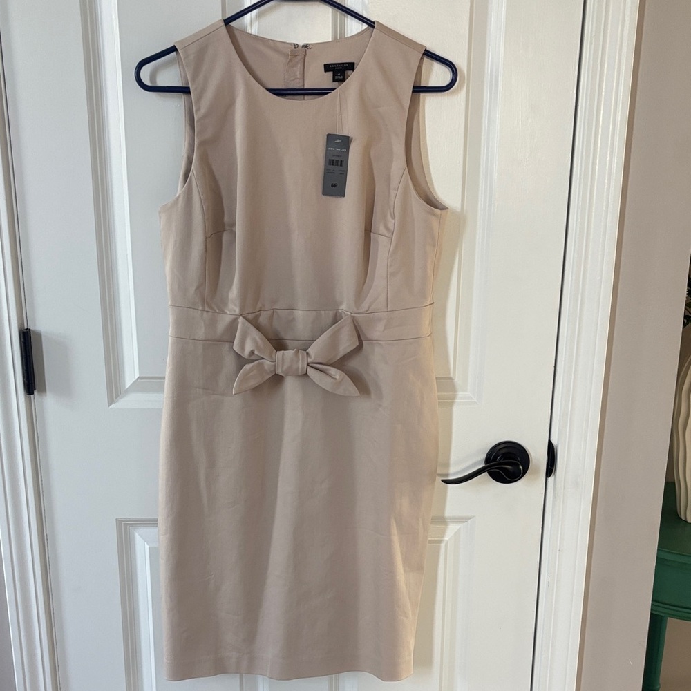 Ann Taylor Tan Midi Dress with Bow Detail